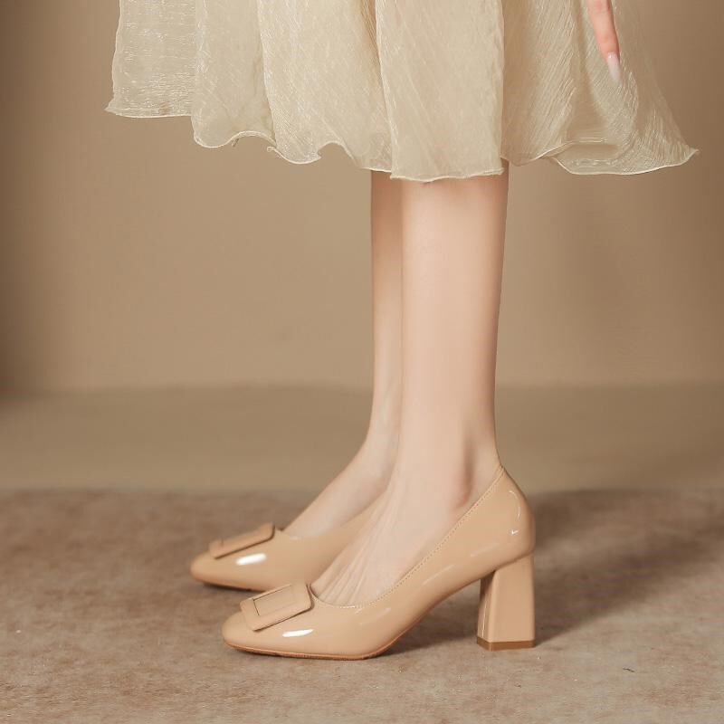 大码高跟鞋女粗跟宽胖脚法式方扣单鞋日常通勤工作鞋小码鞋313233