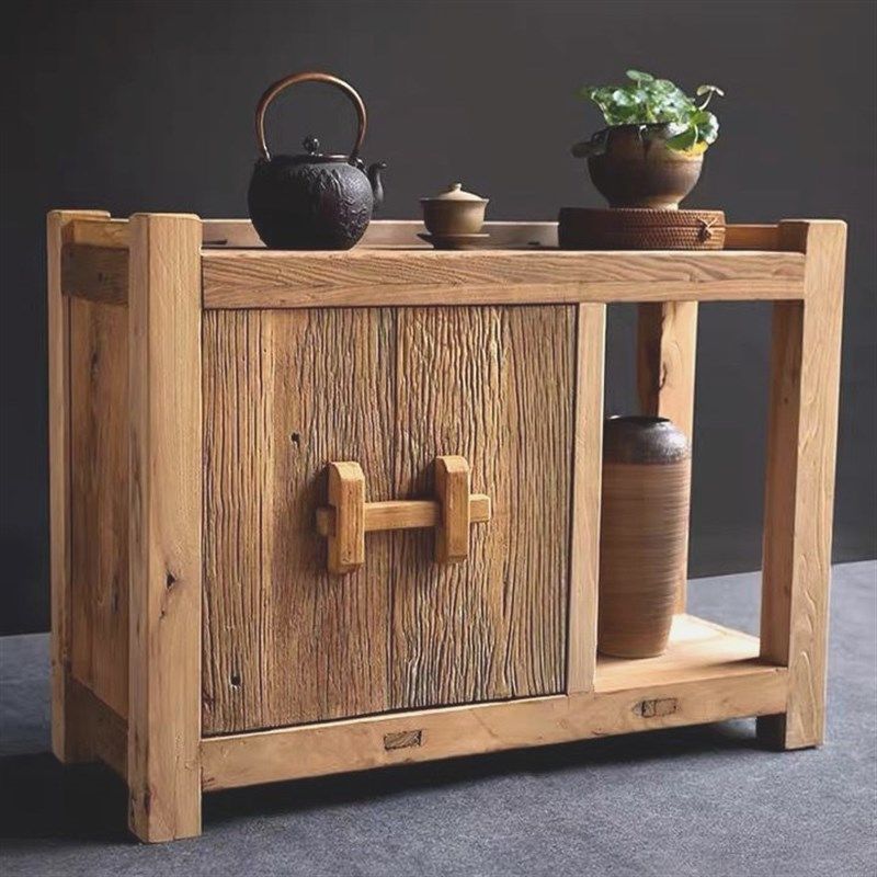 茶桌边柜侧柜老榆木茶桌移动原木沙发边几实木茶水柜阳台桌家用简