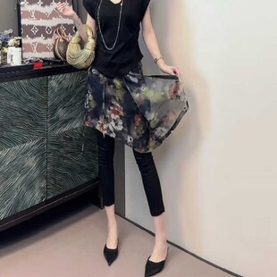 洋气九分 U时尚 假两件屁帘纸皮裤 女松紧腰弹力显瘦系带拼纱花裙裤