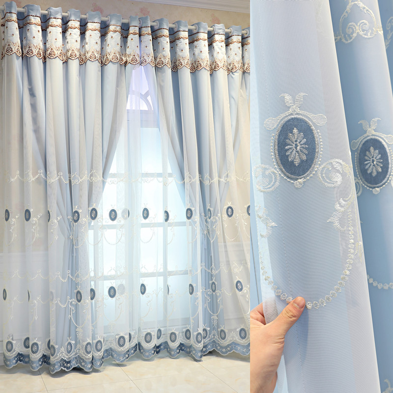 欧式简约双层绣花窗帘窗纱全遮光布隔音隔热客厅卧室阳台高档大气