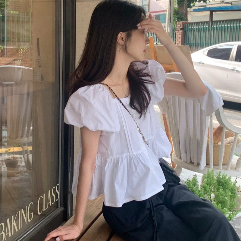 韩国ins夏日小个子单排扣气质A方领泡泡袖衬衫女荷叶边宽松娃娃衫