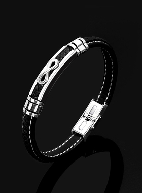 皮绳编织手链男款潮高级感小众百搭自律男生首饰黑色手镯男士手链