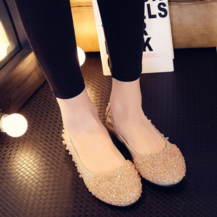 圆头浅口水钻单鞋女结婚鞋金色平底水晶鞋新娘鞋伴娘鞋瓢鞋仙女鞋