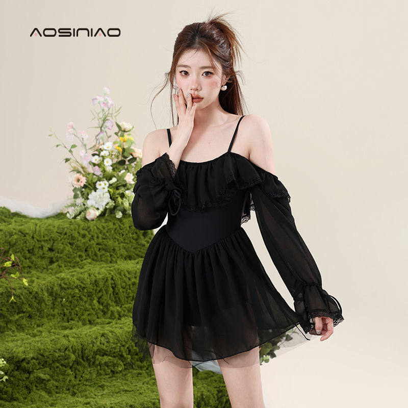 连体泳衣女夏f2024新款微胖女孩遮肉高级感长袖保守裙式平角游泳