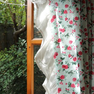 乡村碎花花卉田园半帘门帘穿杆帘窗帘透光不透人纱帘 英式