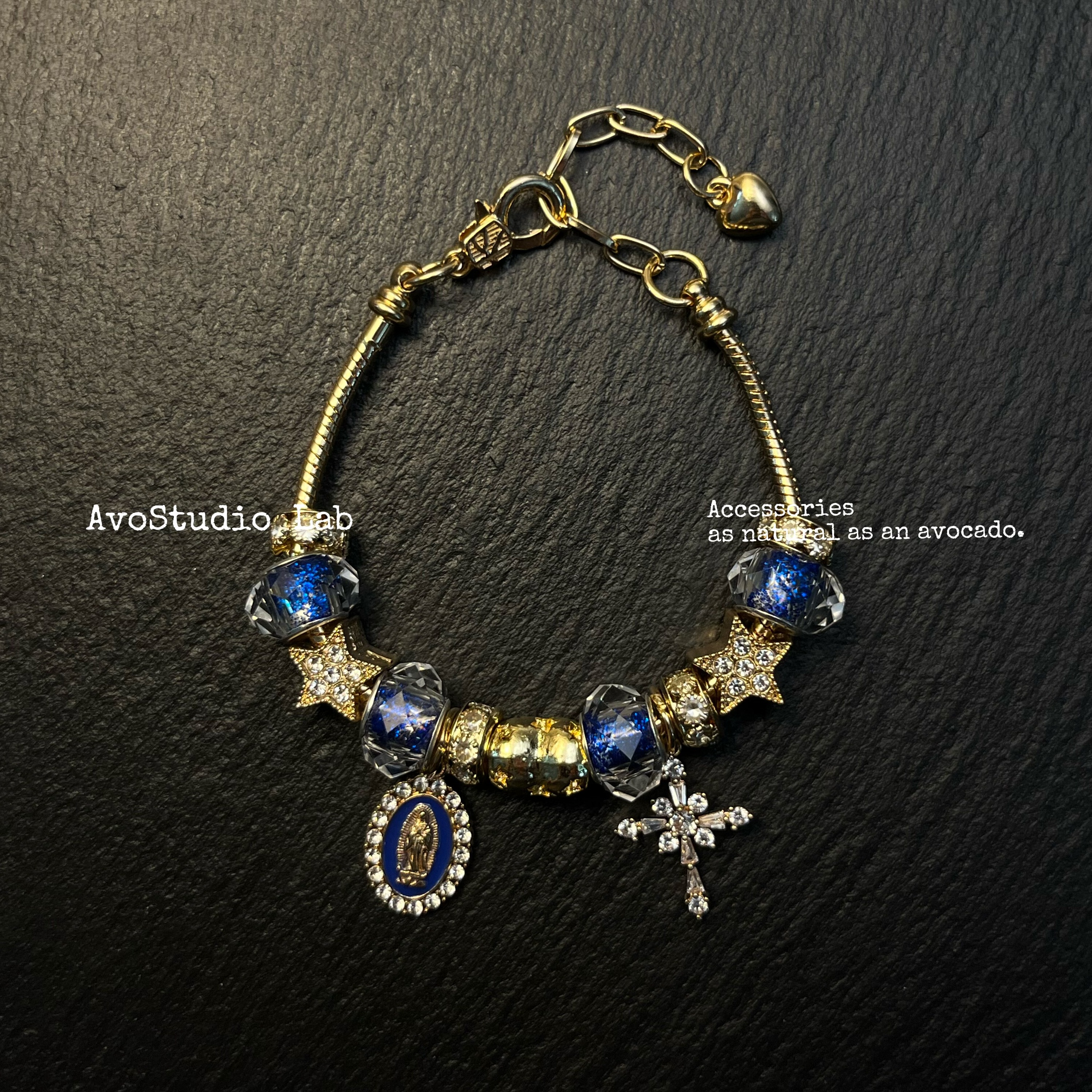 原创复古蓝晶星星十字架手链