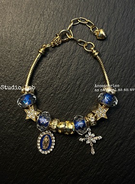 原创复古蓝晶星星十字架手链