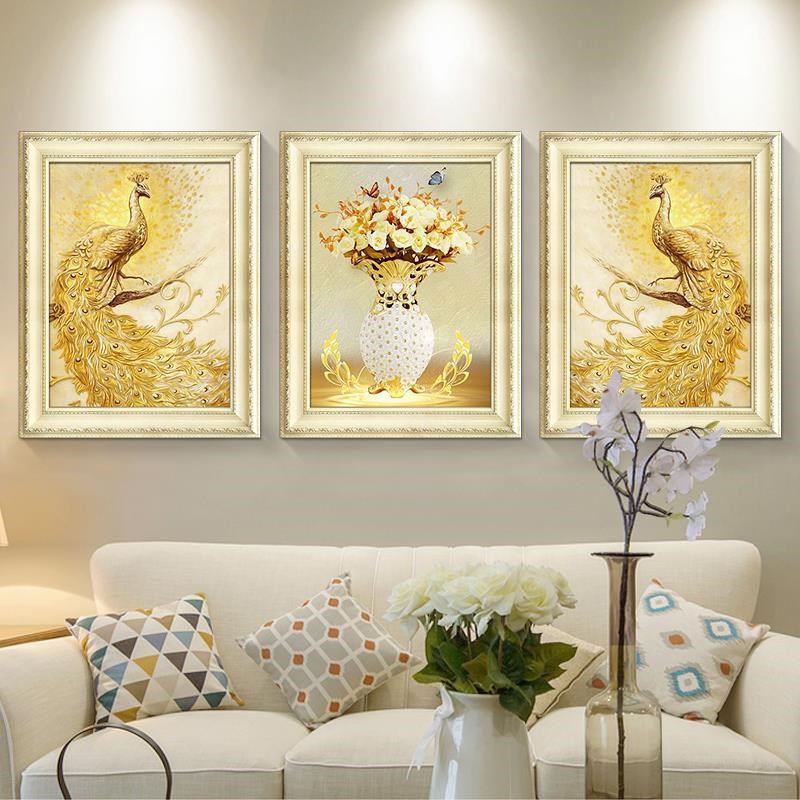 速发孔雀挂画客厅装饰画三联画欧式壁画沙发背景墙面轻奢玄关餐厅图片