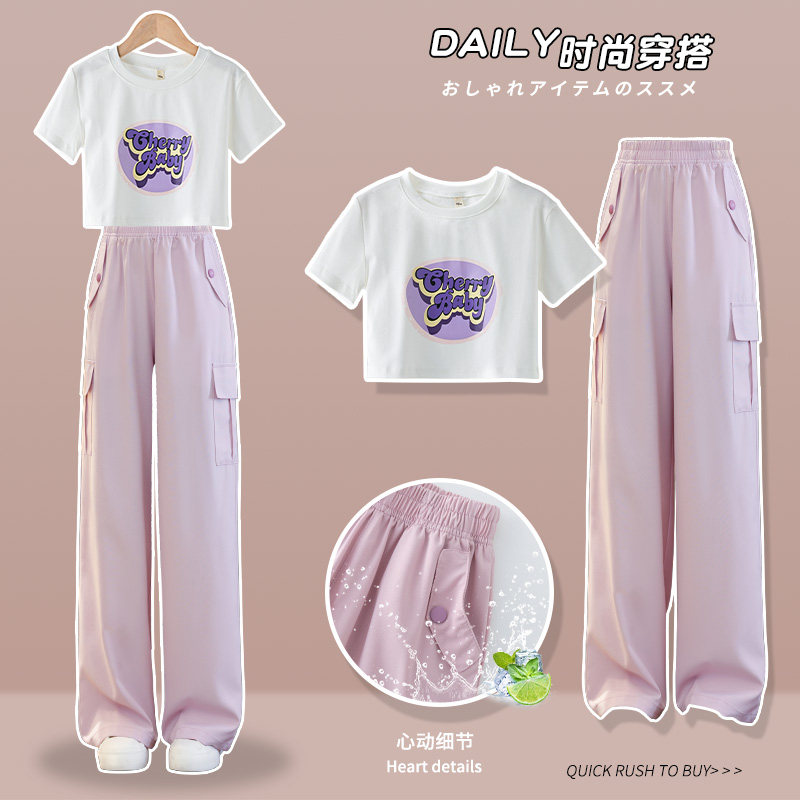 女童夏季休闲套装2025新款中大童网红夏装阔腿裤短袖工装裤两件套