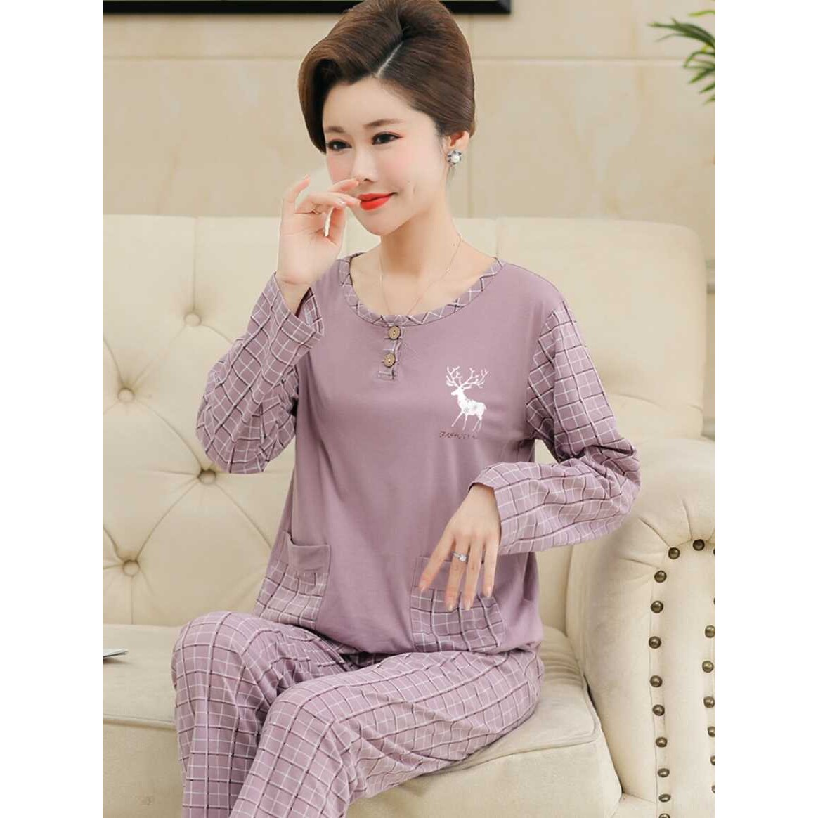 红豆妈妈睡衣女春秋款纯棉长袖中年中老年全棉夏季薄款家居服套