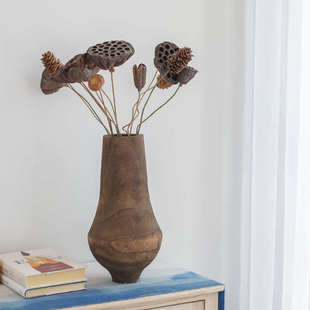 实木复古碳化花瓶 高落地干花花器 黑色装饰民宿酒店软装摆件插花