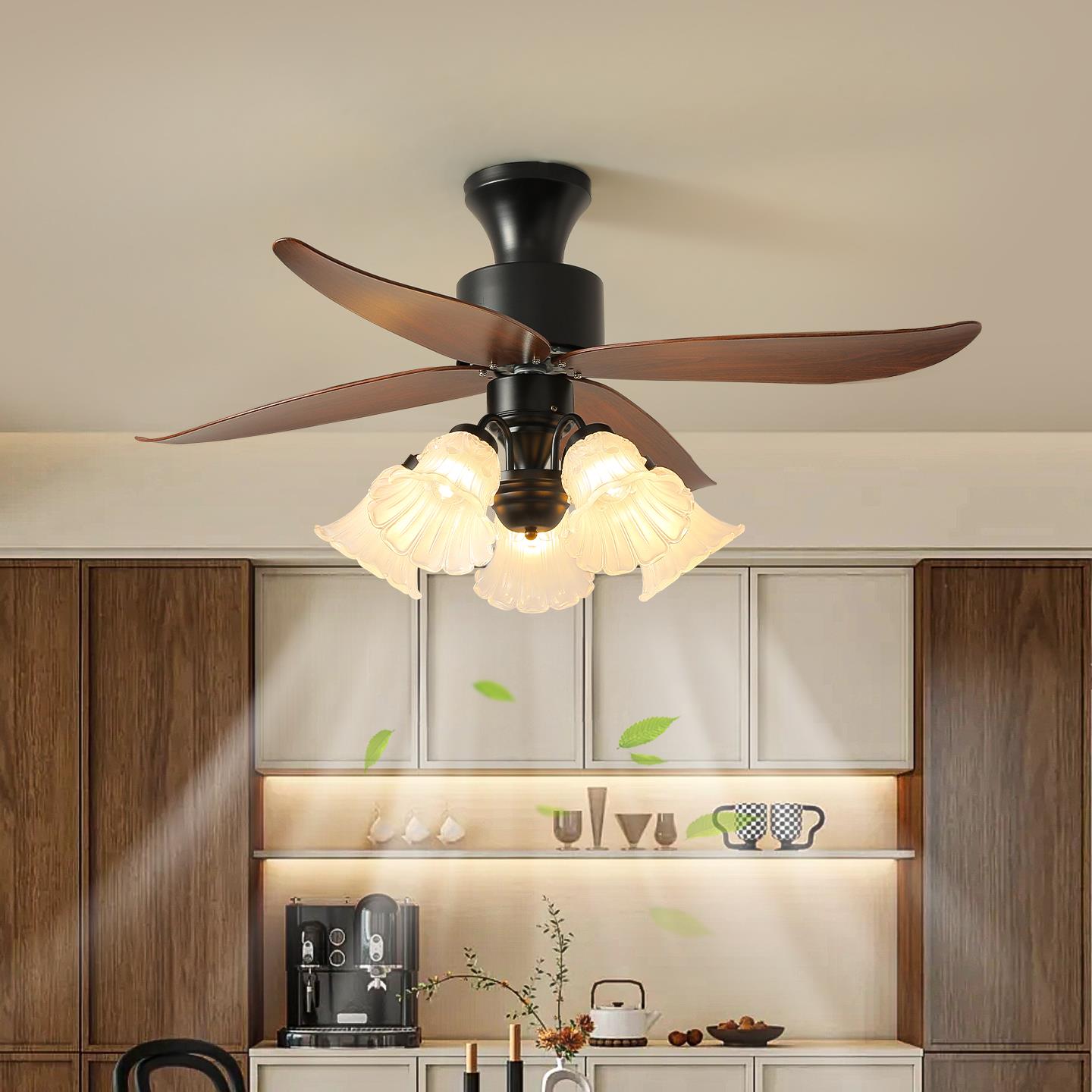 餐厅吊扇灯中古风复古设计款芭蕉叶喇叭花静音卧室风扇吸顶灯