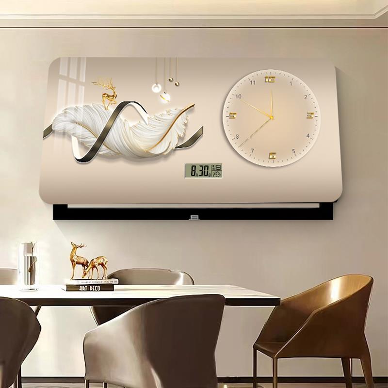 现代轻奢羽毛电表箱装饰画 画大尺寸带钟表万年历遮挡配电箱开 关