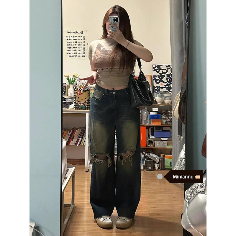 300斤胖mm大码破洞牛仔裤女设计感夏季复古毛边宽松显瘦阔腿裤子