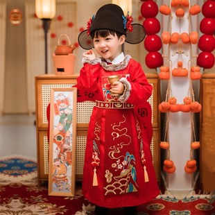 男童汉服圆领袍加绒男宝过年服唐装小财神古风棉衣中国风新年貔貅