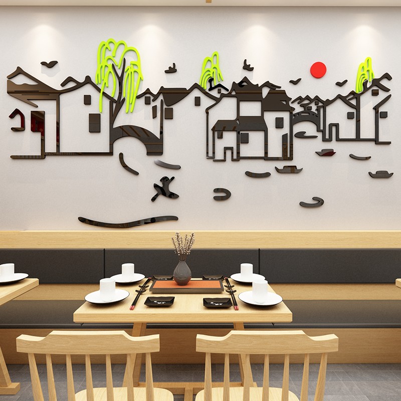 徽派建筑饭店农家乐墙面装饰铁锅炖包间贴纸画创意火锅餐饮馆背景图片