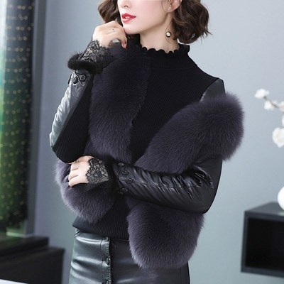 皮袖打底衫女冬羽绒棉袖子加绒加厚修身高领毛衣配皮草马甲的内搭