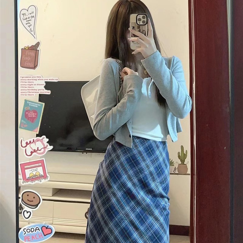 小个子学院风复古蓝色格子半身裙150cm高腰a字包臀鱼尾长裙xs秋女