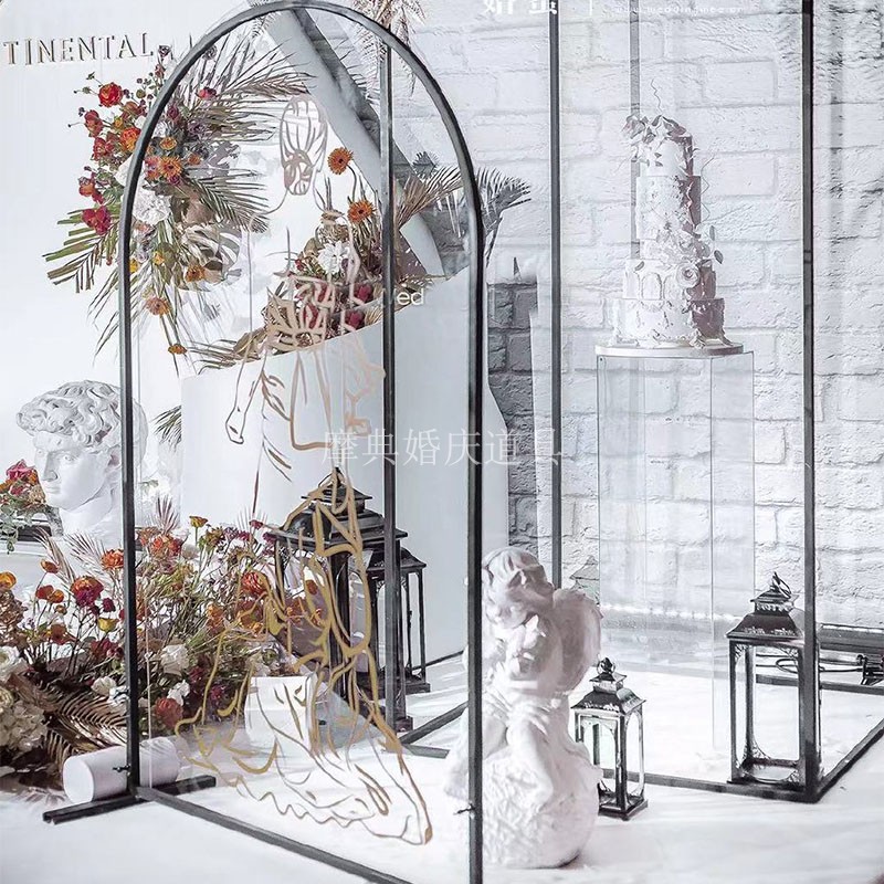 新款婚庆道具黑色拱形拱门舞台背景迎宾摆件装饰婚礼铁艺花架