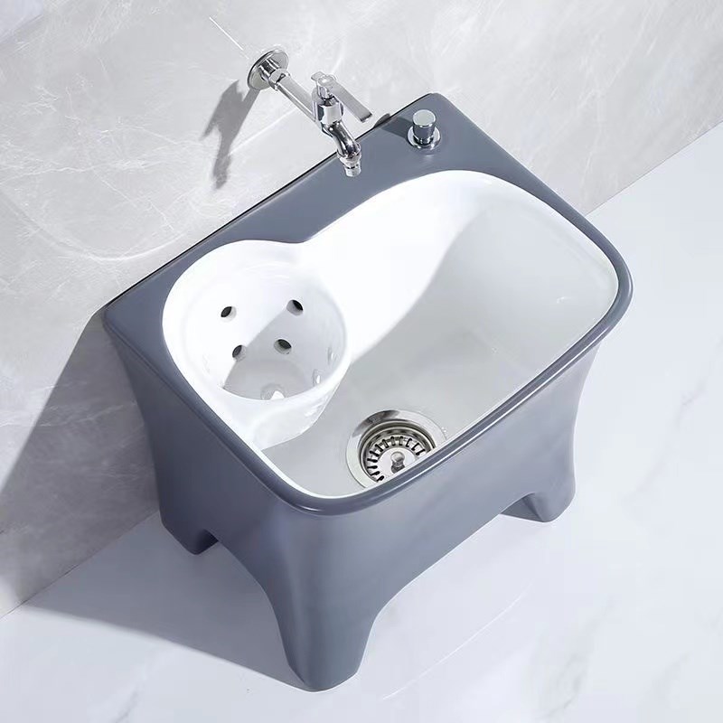 阳台灰色拖把池洗拖布池小号地拖盆侧排带脚墩布池沥水篮下水陶瓷