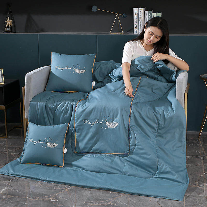 全棉纯棉抱枕被子两用纯色绣花车载办公室L午休靠垫二合一空调夏