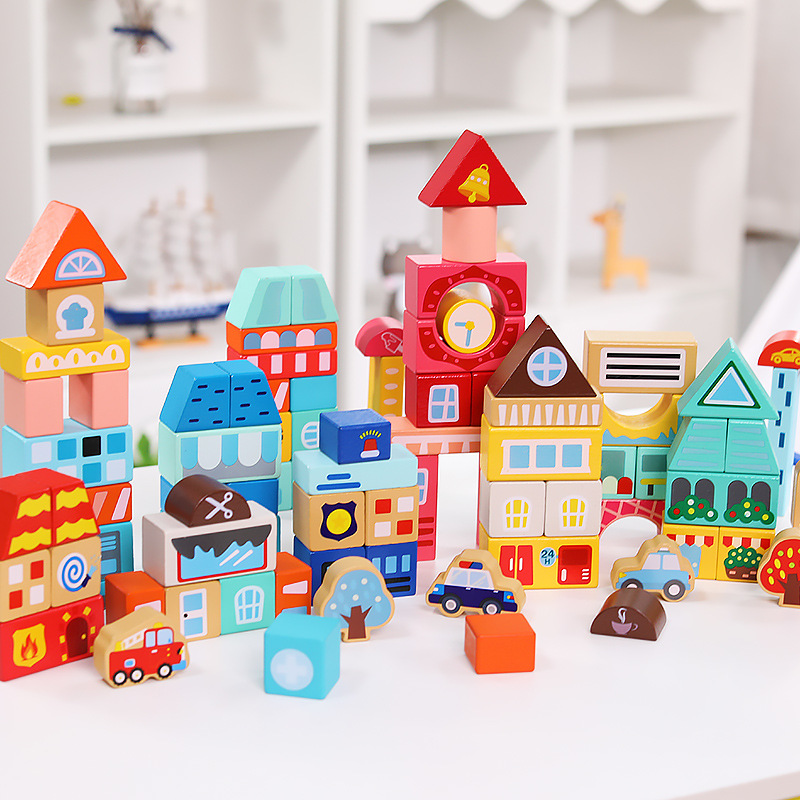 儿童益智木制88粒城市建设场景积木拼图底板大颗粒木头桶装积木