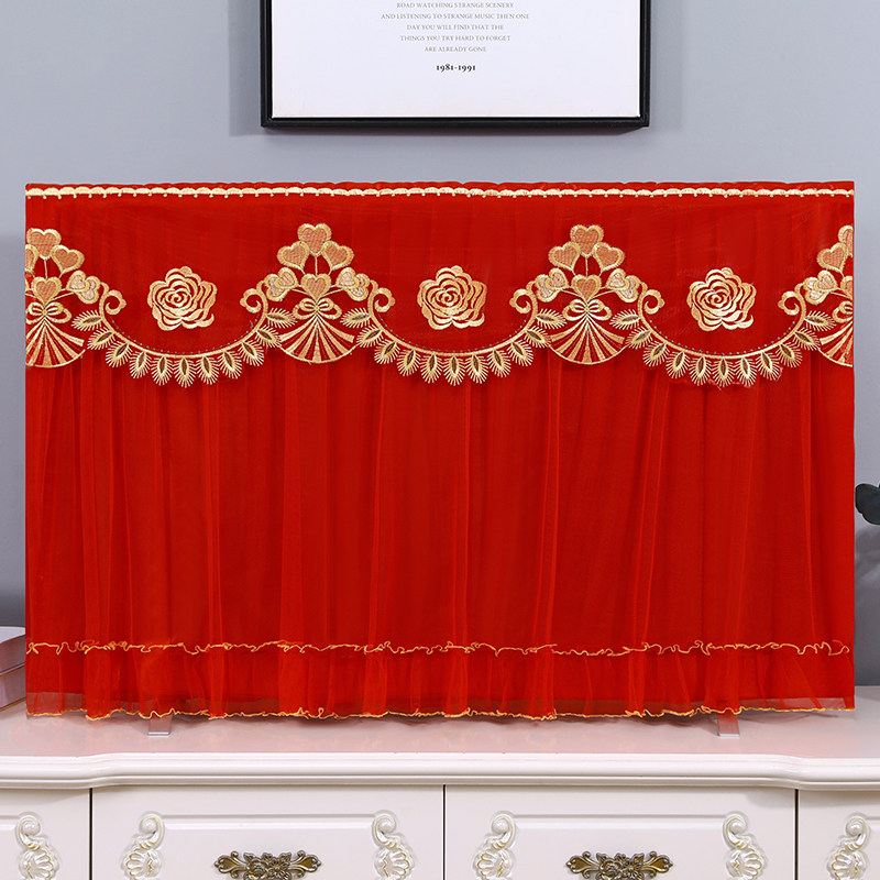 喜庆电视盖布红g色刺绣蕾丝65寸55寸罩巾布艺新居结婚电视机防尘