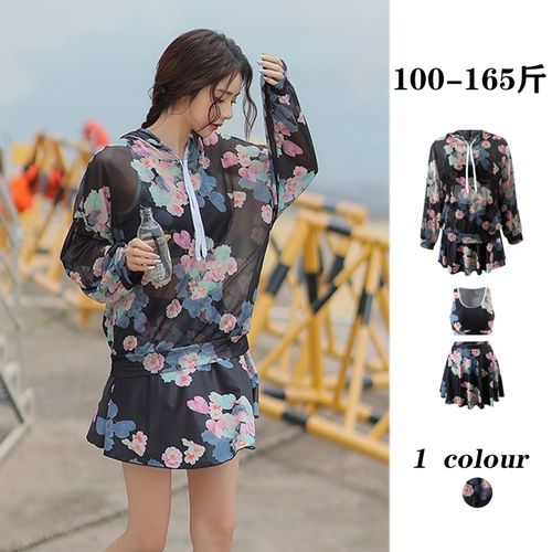 新款微胖大码泳衣女分体三件套罩衫连帽长袖印花防晒遮肉显瘦温泉