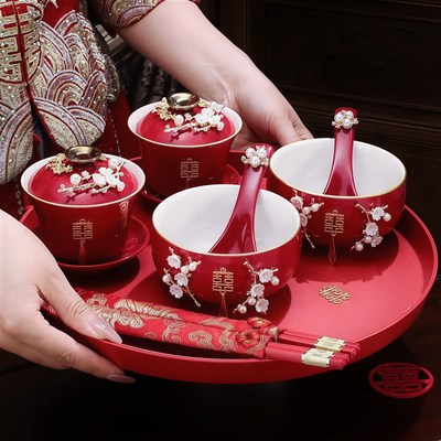 敬茶杯结婚一对碗筷套装新娘改口婚礼陪嫁杯子红色茶具喜碗红碗