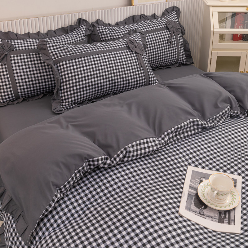 韩式公主风四件套牀裙磨毛被套学生宿舍非全棉纯棉1.8三件套牀单