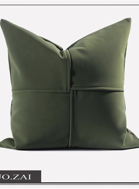 现代简约抱枕沙发垫高档样板间售楼处G绿色拼接皮质靠枕靠包靠垫