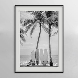 椰树棕榈树黑白摄影风景装饰画简约现代海边冲浪挂画酒店卧室壁画