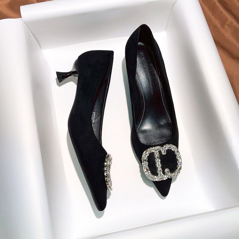 黑色气质绒面水钻单鞋女p2024春秋新款尖头浅口细跟高跟鞋低跟3cm