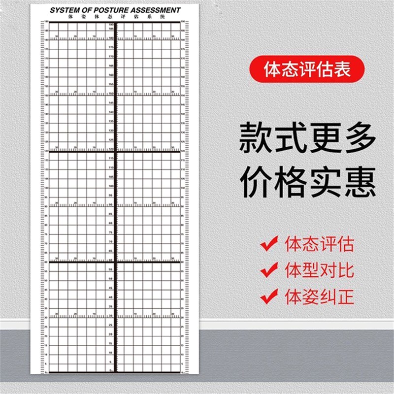 瑜伽体态评估表挂式贴式体测健身房馆私教身高臂展网格身体对比图