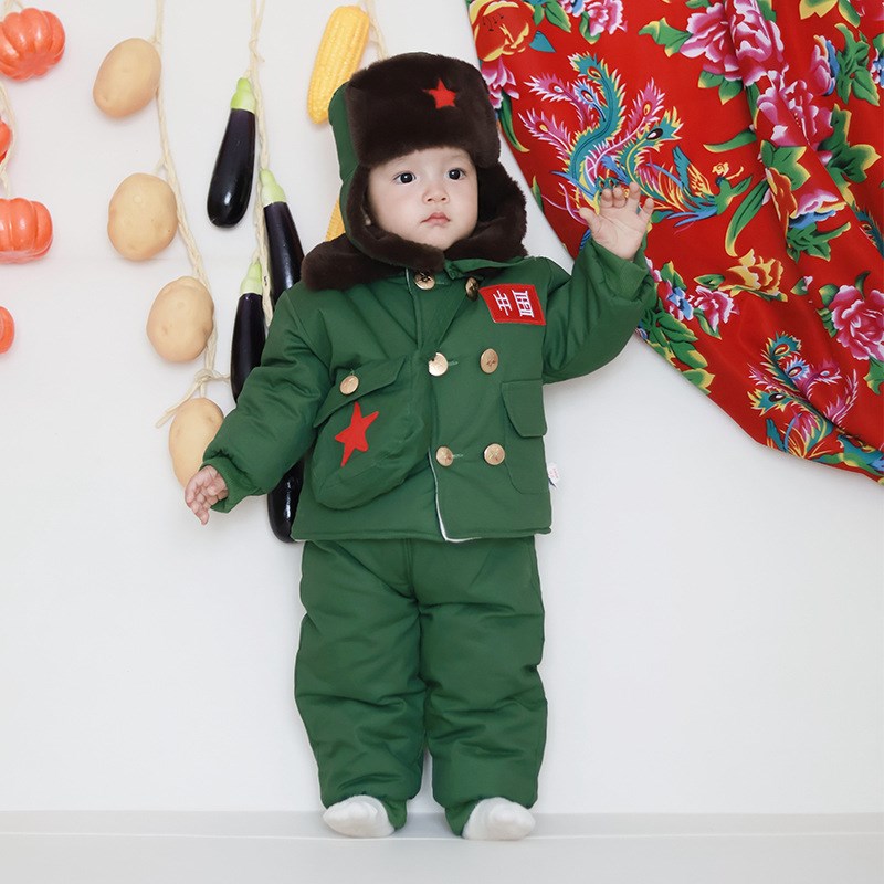 婴幼儿套装冬季加厚保暖军大衣周岁棉衣超萌外出男宝宝冬装四件套