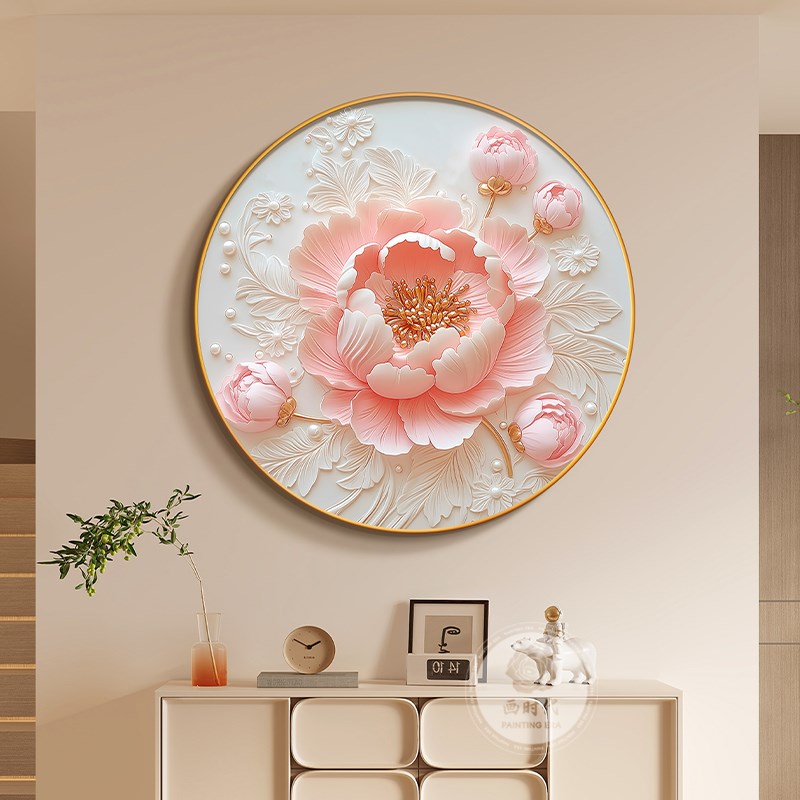 奶油风牡丹花圆形餐厅挂画高级感客厅装饰画玄关入户门卧室床头画图片