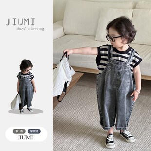 男童夏装新款短袖条纹T恤上衣儿童3岁男宝休闲背带牛仔八分裤套装