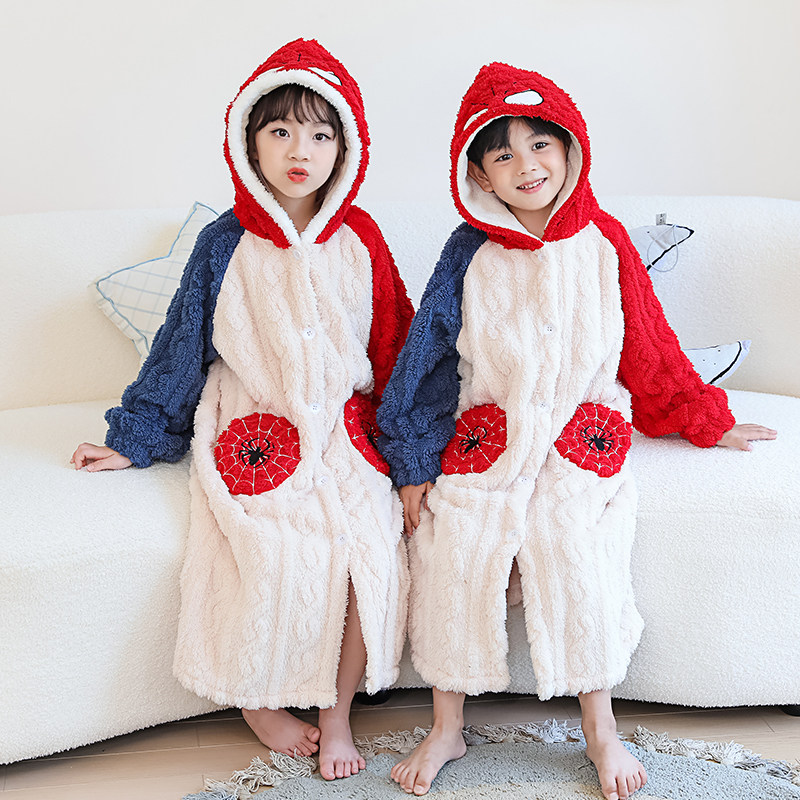 儿童睡衣秋冬季男童法兰绒睡袍加绒加厚保暖宝宝小女孩珊瑚绒睡袍