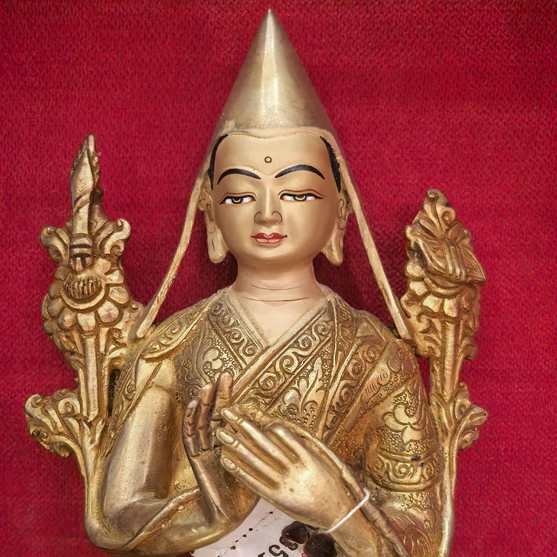 宗喀巴/持寿瓶宗喀巴大师/法王/萨巴/23cm 尼泊尔纯铜鎏金佛像