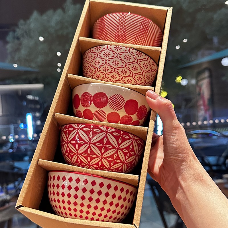 嫣红手作餐具定制花卉款【礼盒装餐具】5只入米饭碗小碗出口单