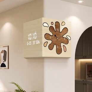 原木风客厅转角时钟2024新款双面挂钟高级感拐角钟万年历电子钟表