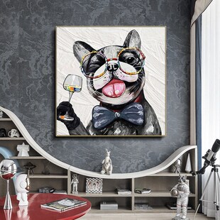 美式狗狗装饰画客厅手绘油画风简约挂画卧室卡通趣味动物壁画