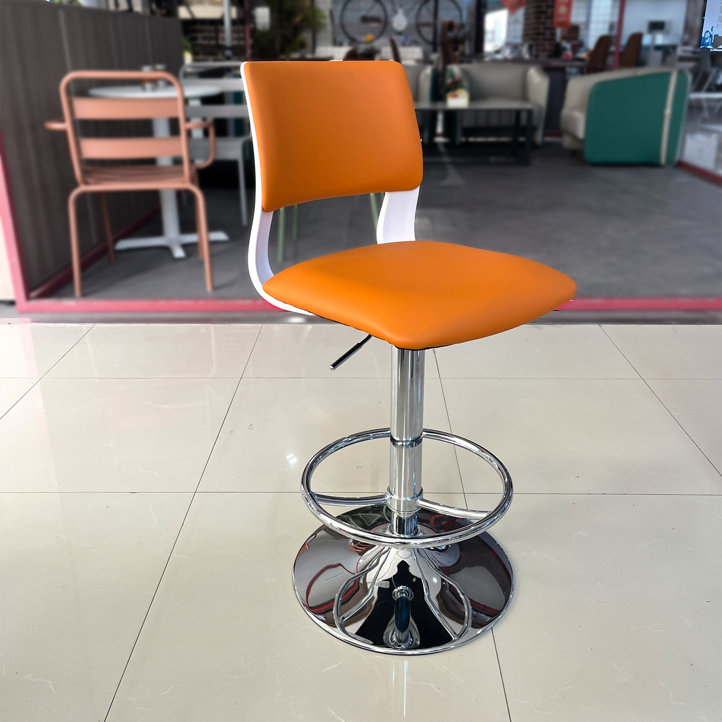 武汉现代简约吧台椅升降旋转酒吧椅橙色皮质高脚椅舒适工作前台椅