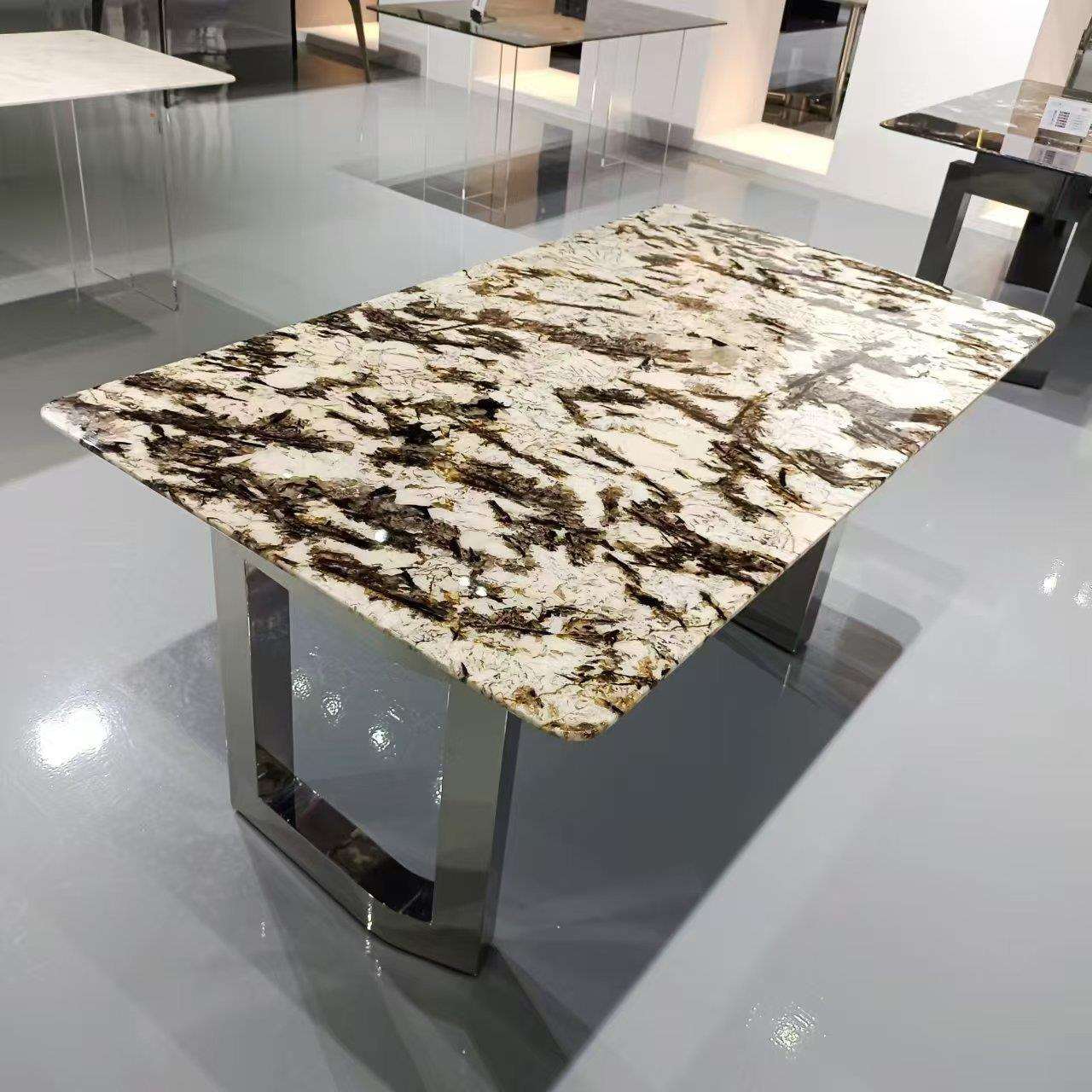 现代不锈钢蓝水晶长方形雪山飞狐卡里冰玉奢石天然大理石餐桌餐台