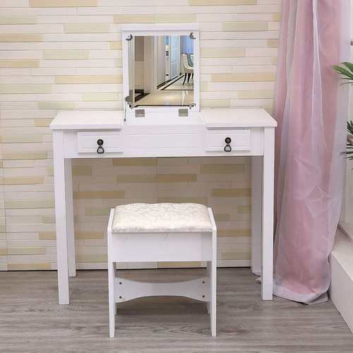北欧珍珠白梳妆台现代卧室简约可折叠镜子化妆桌时尚女性化妆台