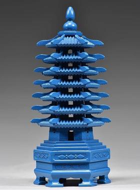 蓝色桃木雕刻九层文昌塔摆件木质十三层七层文昌塔客厅书桌工艺品