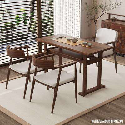 新中式黑胡桃木阳台茶桌家用小户型泡茶桌现代简约实木茶桌椅组合