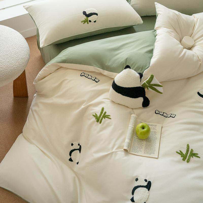 可爱熊猫100S全棉磨毛四件套纯棉秋冬加厚毛巾绣被套床单儿童床品