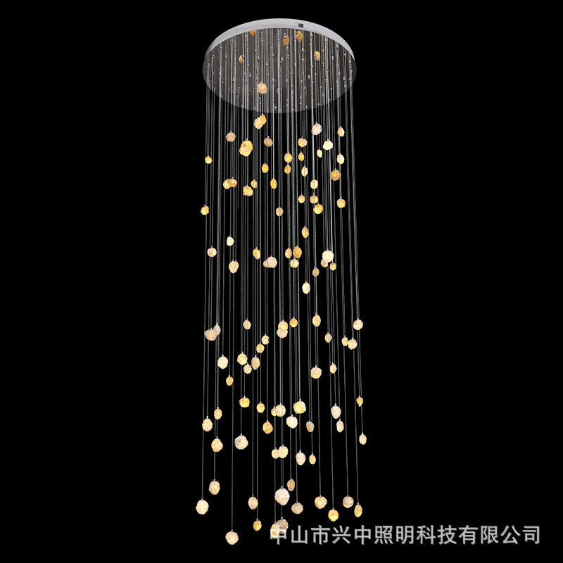 现代轻奢别墅挑空跃层旋转楼梯水晶吊灯新款天然晶洞楼梯灯长吊灯