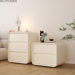 奶油风床头柜卧室家用现代简约高级感实木三层抽轻奢床边储物柜子
